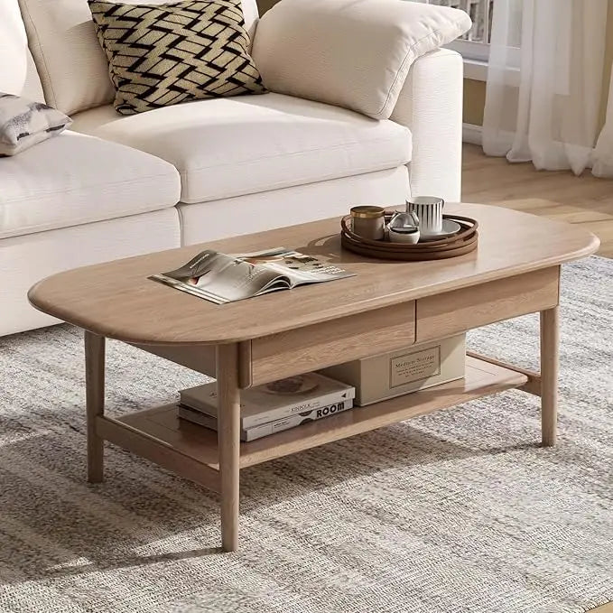 100% Solid Oak Wood 2-Tier Mid-Century Modern Coffee Table for Living Room with Open Shelf