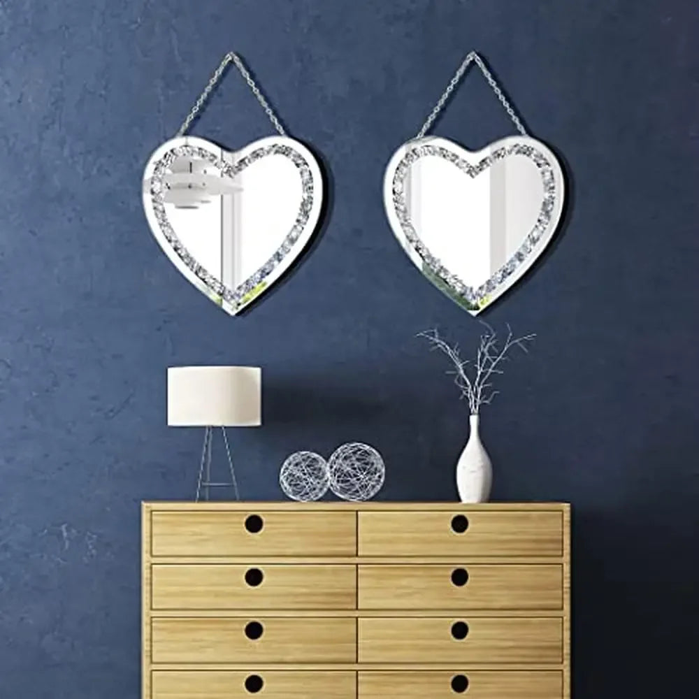 12X12 Inch Heart Shaped Crystal Crush Diamond Glass Mirror Set Pack of 2, with Stainless Steel Chain