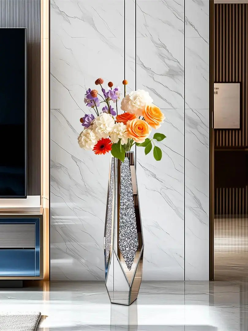 34” Tall Standing Flower Vase Crushed Diamond Mirrored Silver Glass Decorative Corner Vase for Home