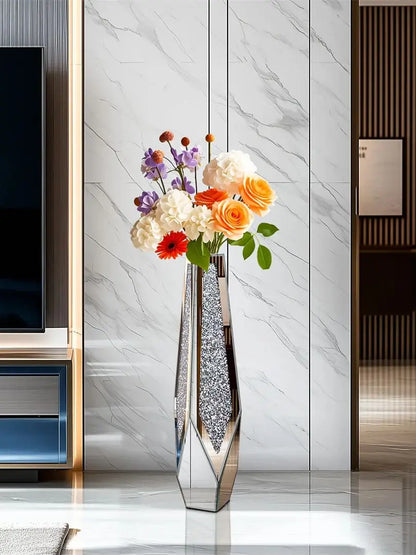 34” Tall Standing Flower Vase Crushed Diamond Mirrored Silver Glass Decorative Corner Vase for Home