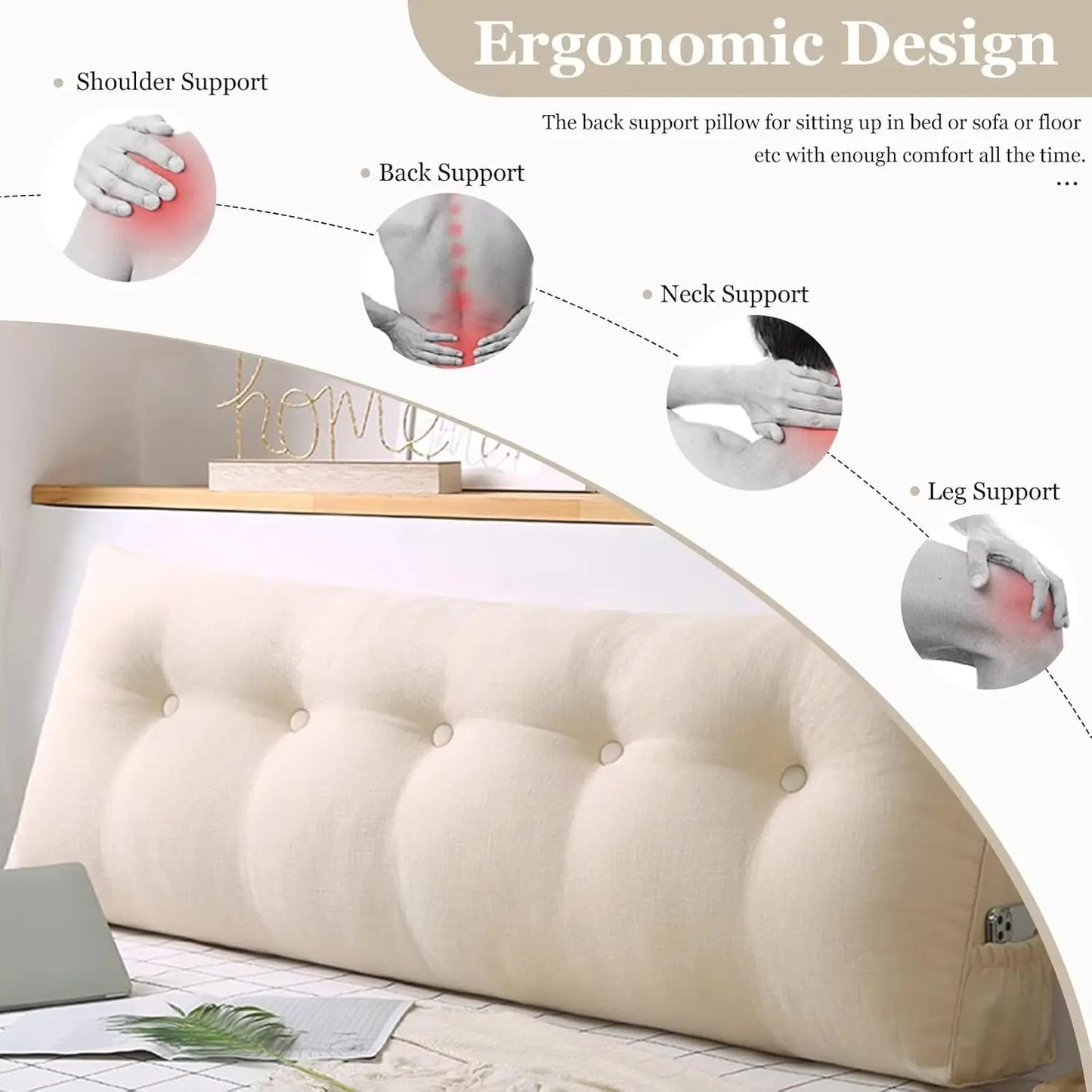 Ivory Headboard Reading Triangle Pillow For Sitting In Bed Versatile, Washable