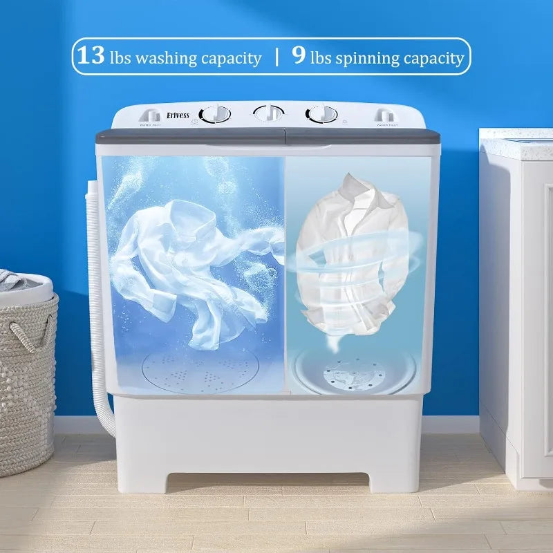 Portable 22 lbs Twin Tub Compact Washing Machine with Drying Rack, and 9 lbs Spinner