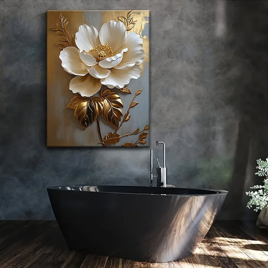 1PC Elegant White Floral Canvas Art Vintage Gold Flower Wall Decoration