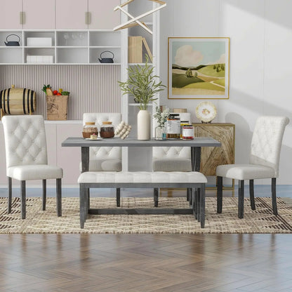6 Pieces Rectangular Wood Dining Table Set with Bench and Unique Legs with 4 Upholstered Chairs