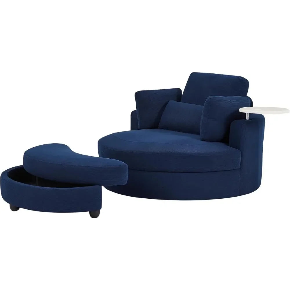 Oversize Round Barrel Swivel Accent Chair with Armrest Tray and Ottoman, Corduroy Fabric