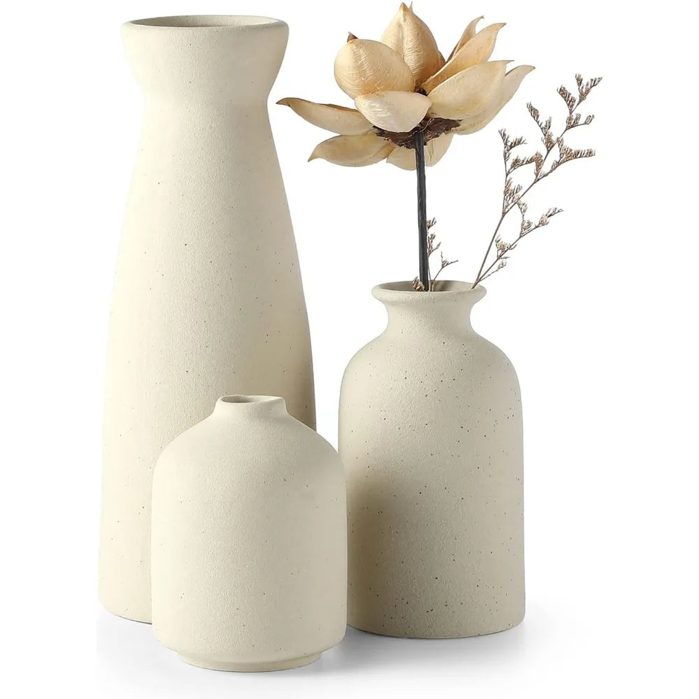 Beige ceramic modern bohemian farmhouse vase set with a small vase decoration