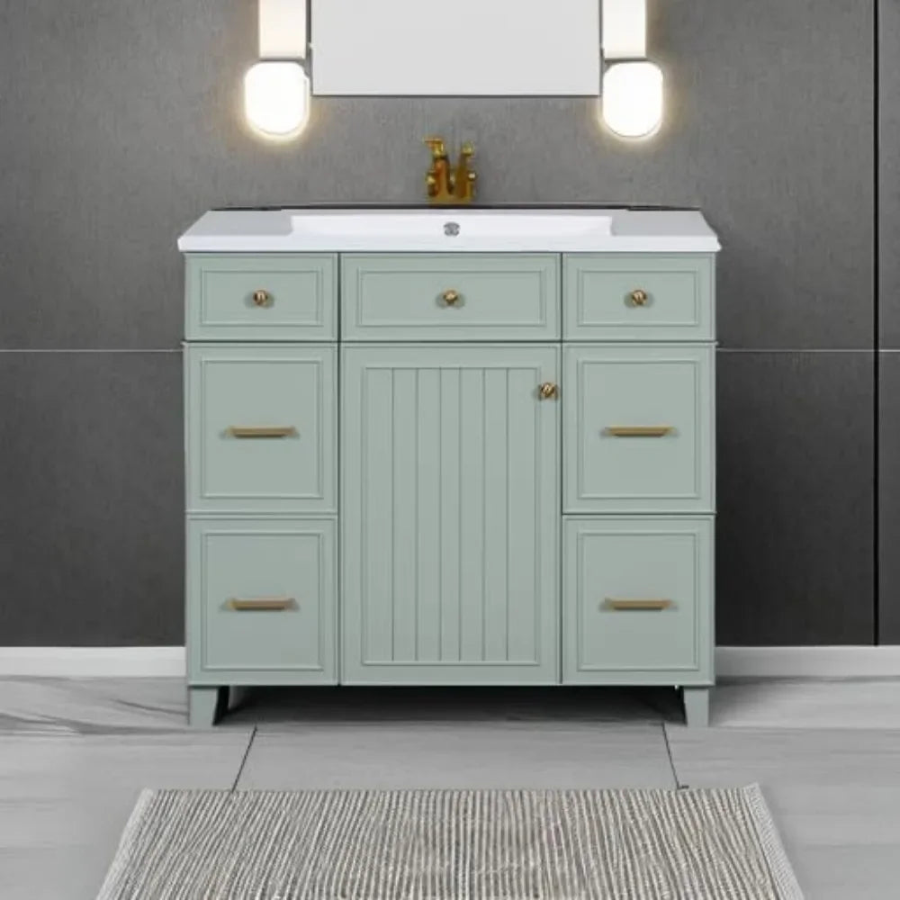 36" Bathroom Vanity organizer With Sink, Modern Green Bathroom Vanity With 3 Drawers