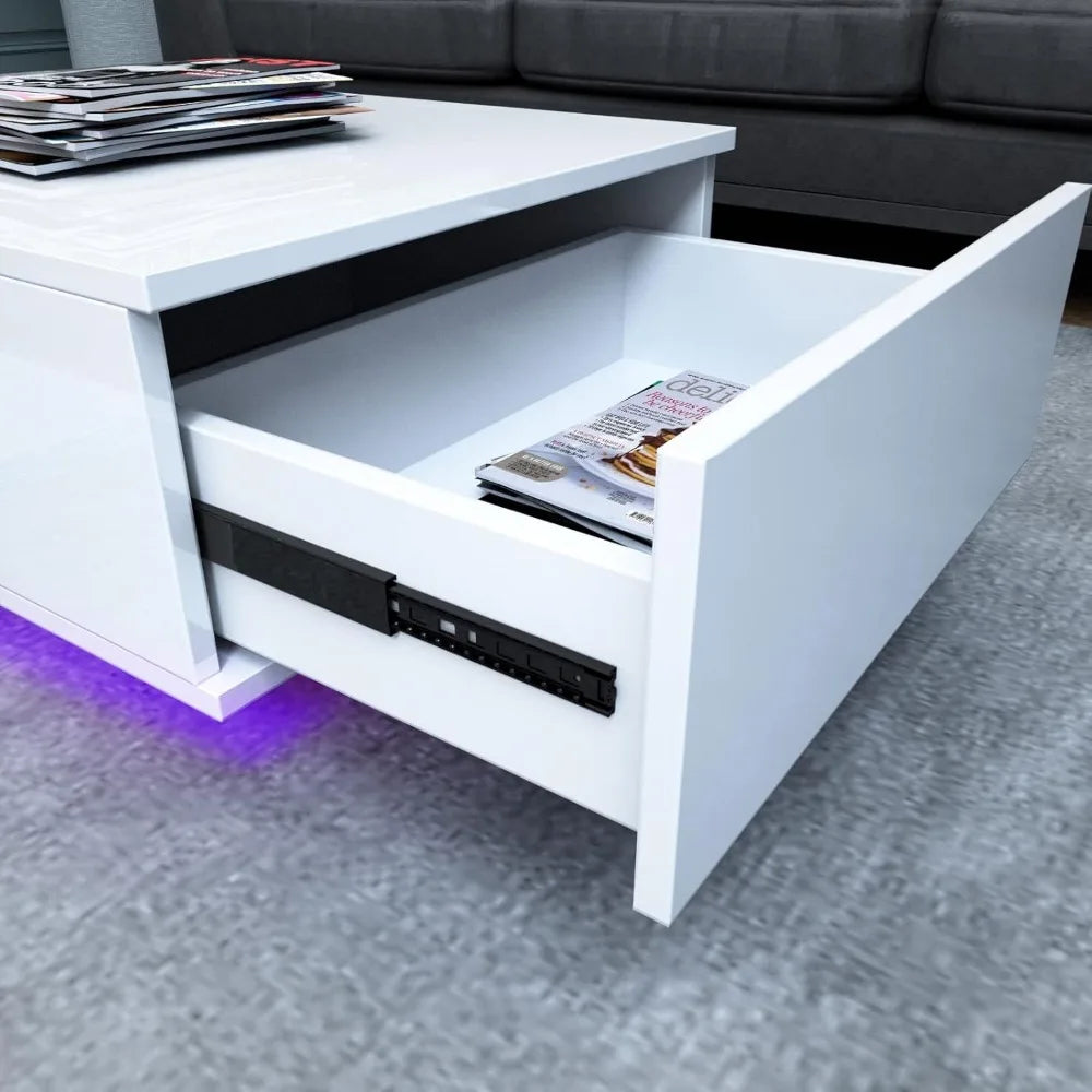 Modern Rectangle White LED Coffee Tables with Drawer & 16-Color LED Lights