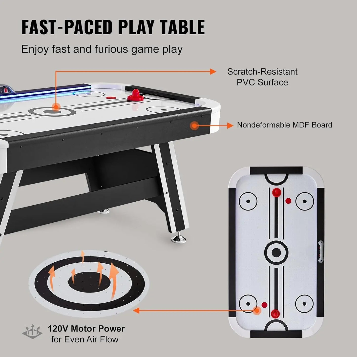 Air-Powered Hockey Table, 72" Indoor Hockey Table, LED Sports Hockey Game with 2 Pucks