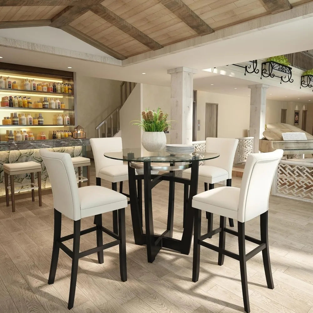 42" Tempered  Top High Bar Table Stools Set of 5 Upholstered Back with Four 31.9"H Barstools Chairs