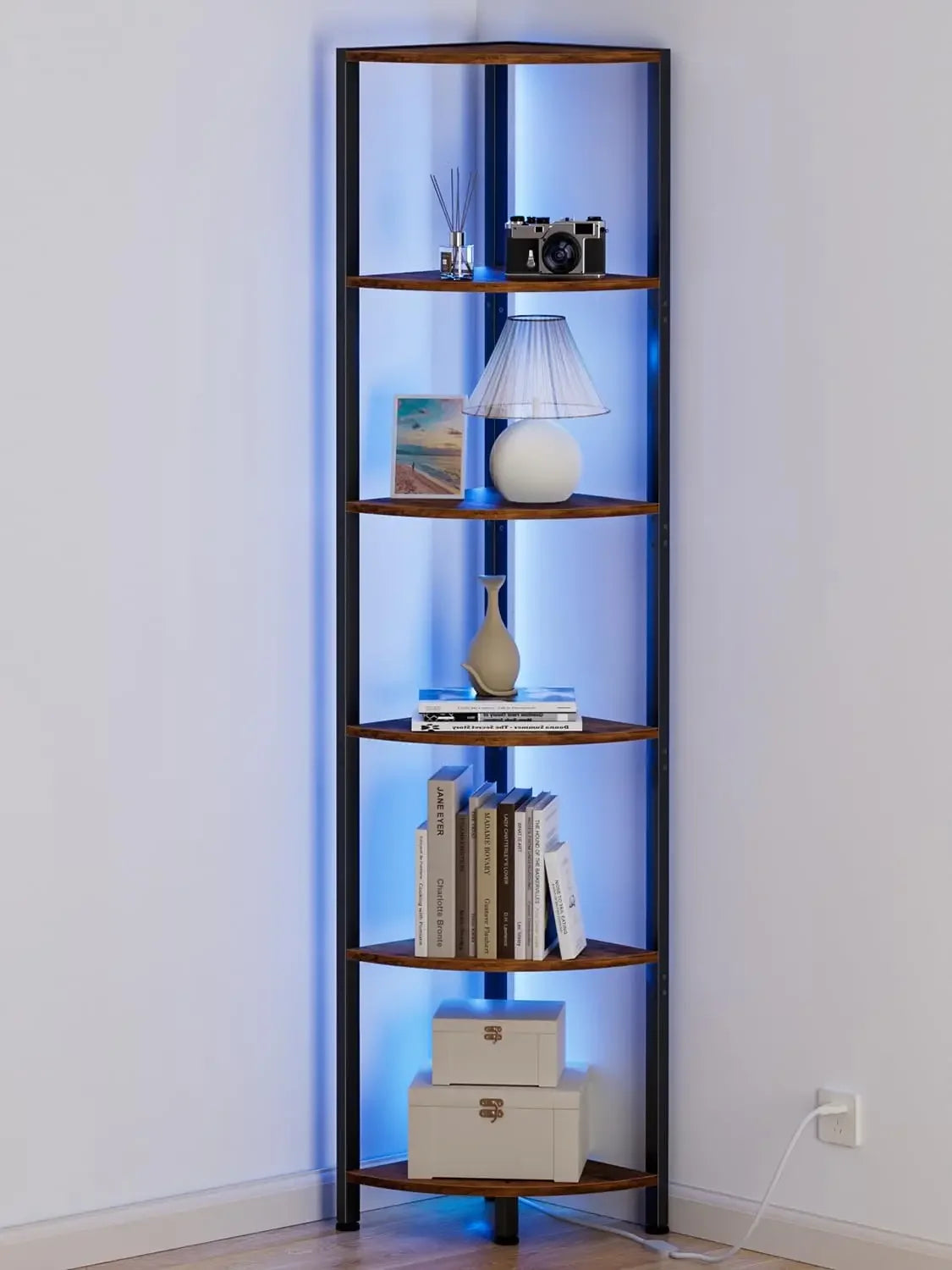 6 Tier Corner Shelf with LED Light 67.5” Tall Standing Shelf Organizer, Black Narrow Bookshelf with Storage Rack for Wall Corner
