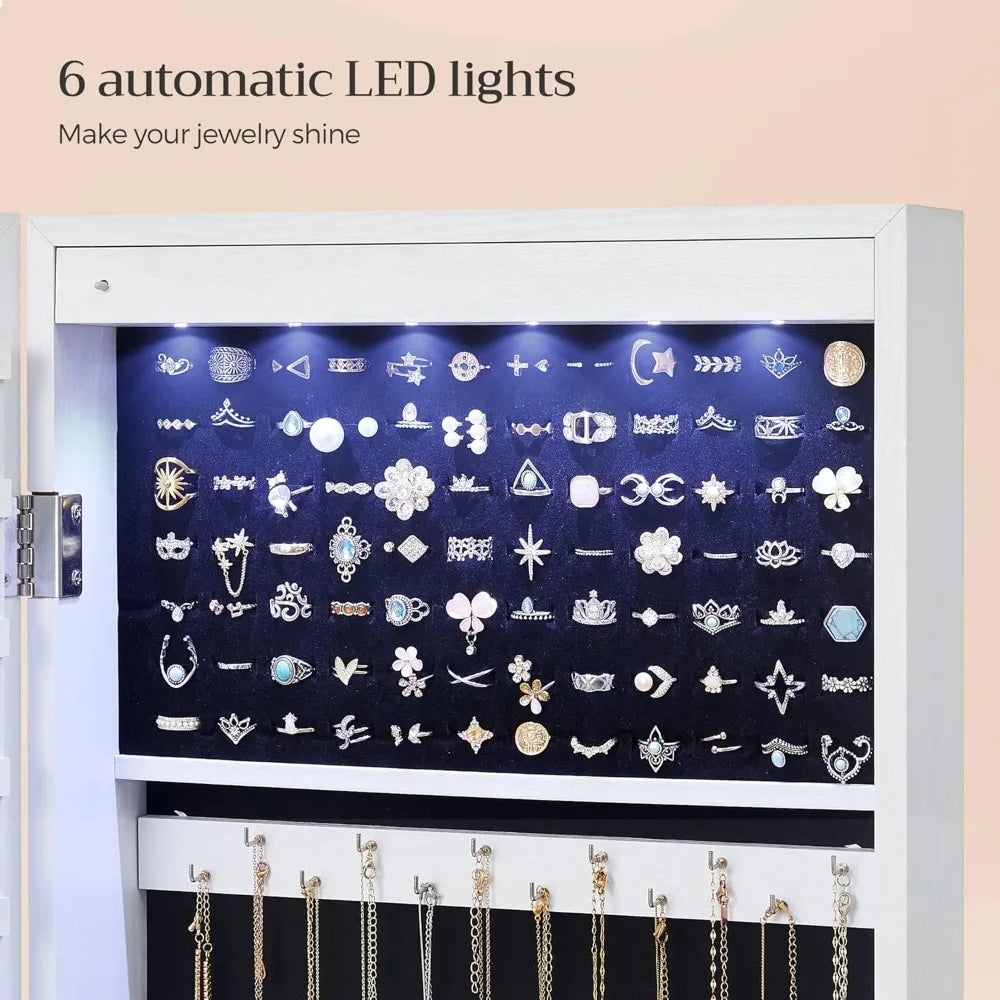 47.2-Inch Tall LEDs Mirror Jewelry Cabinet organizer with Mirror, 2 Drawers, 3.9 x 14.6 x 47.2 Inches, White