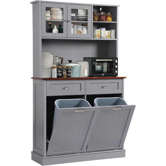 Kitchen Pantry Tall Storage Microwave Cabinet with Tilt Out Trash Storage