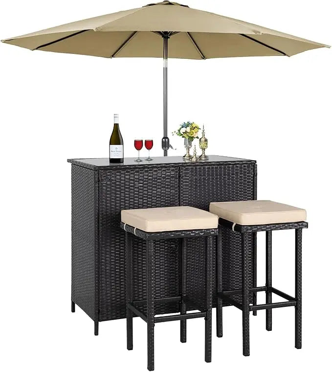 3-Piece Wicker Patio Outdoor Bar Set, 2 Stools and 1 Glass Top Table, Bistro Set,