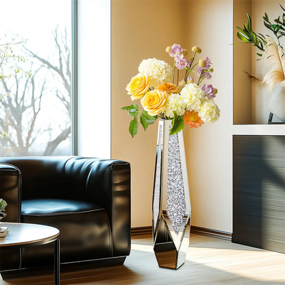 34” Tall Standing Flower Vase Crushed Diamond Mirrored Silver Glass Decorative Corner Vase for Home