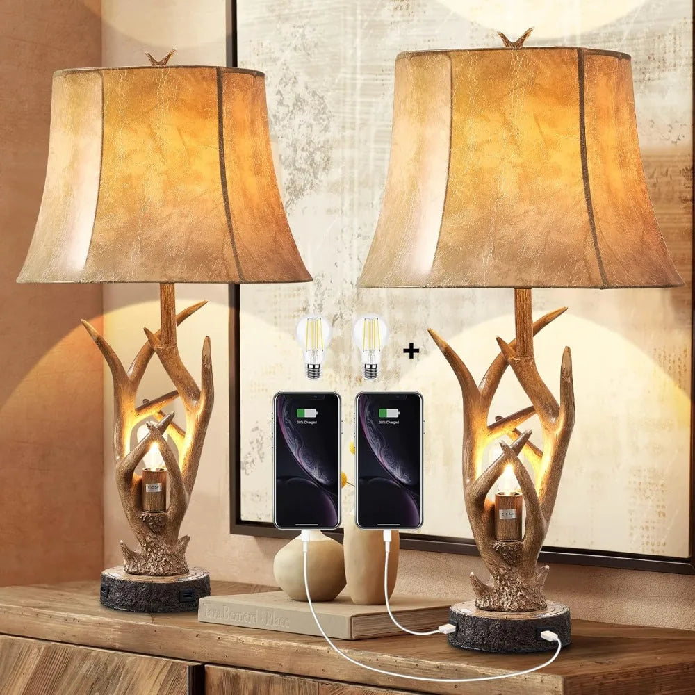 Dungoo Rustic Western Deer 26" Table Lamps with Nightlight Set of 2, with 2 USB Ports
