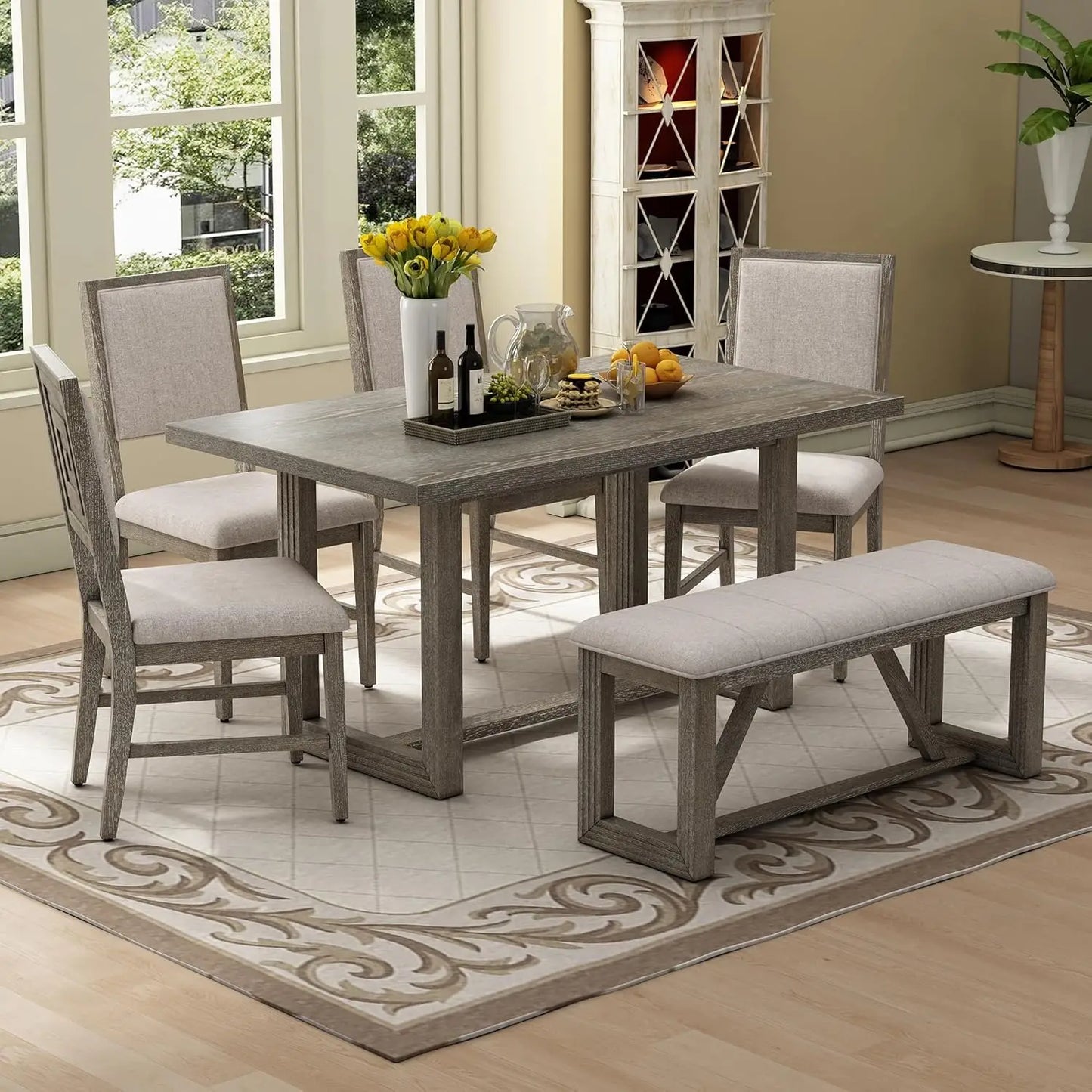 6-Piece Retro Dining Set for 6 Dining Table Set with 4 Upholstered Chairs & 1 Rectangular Bench