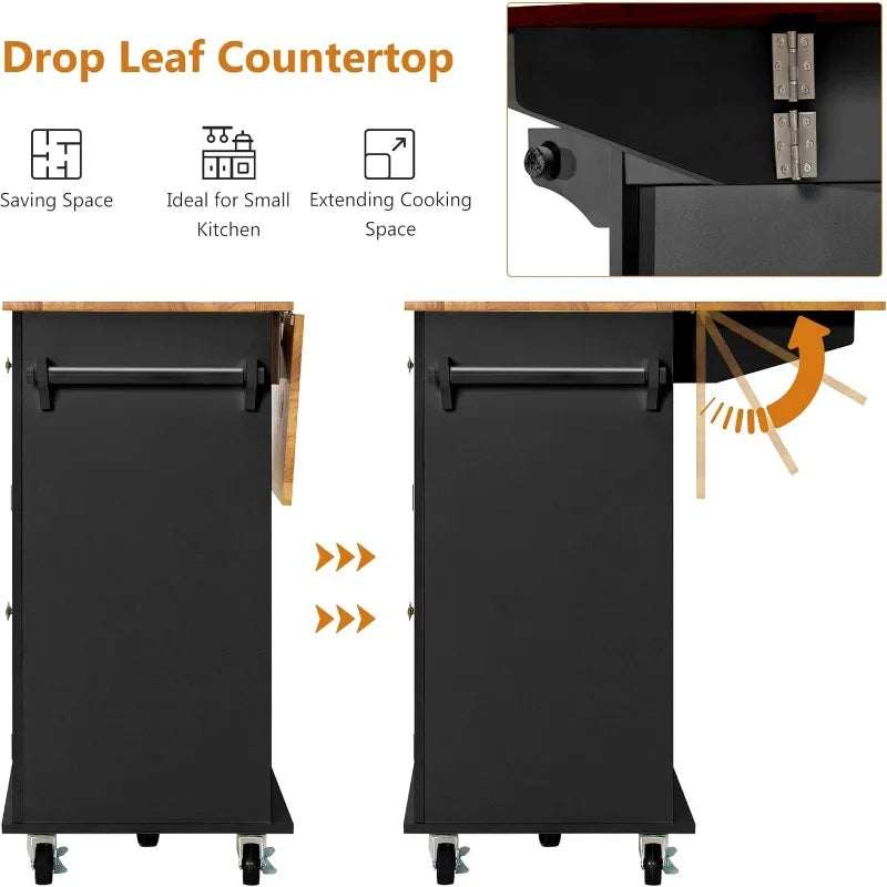 Rolling Mobile Kitchen Island Table  with Wood Top and Drop Leaf Breakfast Bar