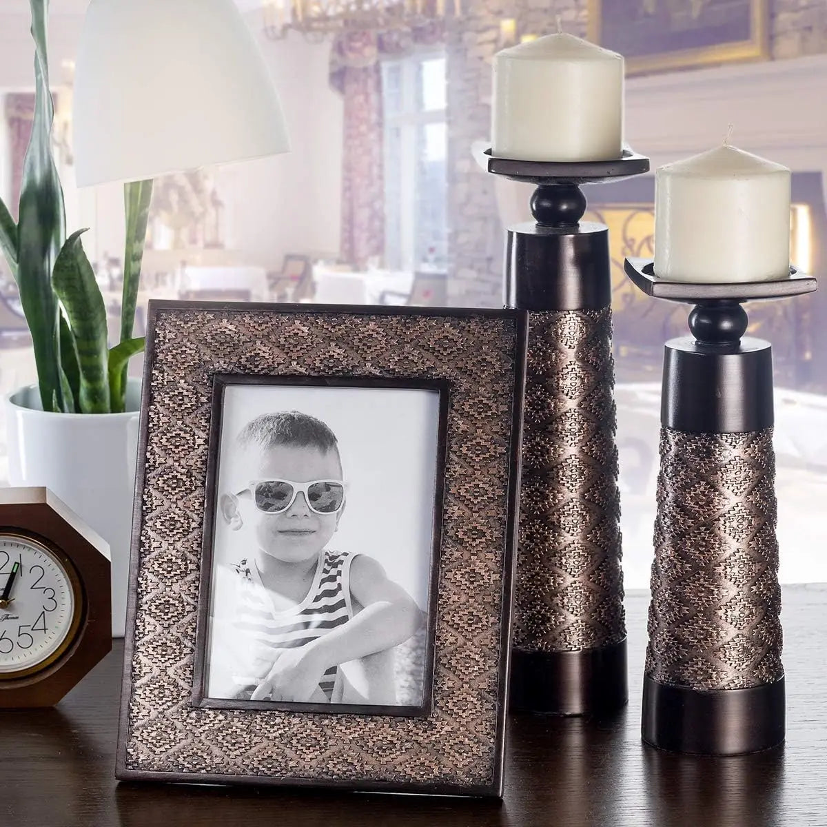Creative Scents Dublin Brown Set Of 2 Candle Holders And Matching 5 X 7 Picture Frame