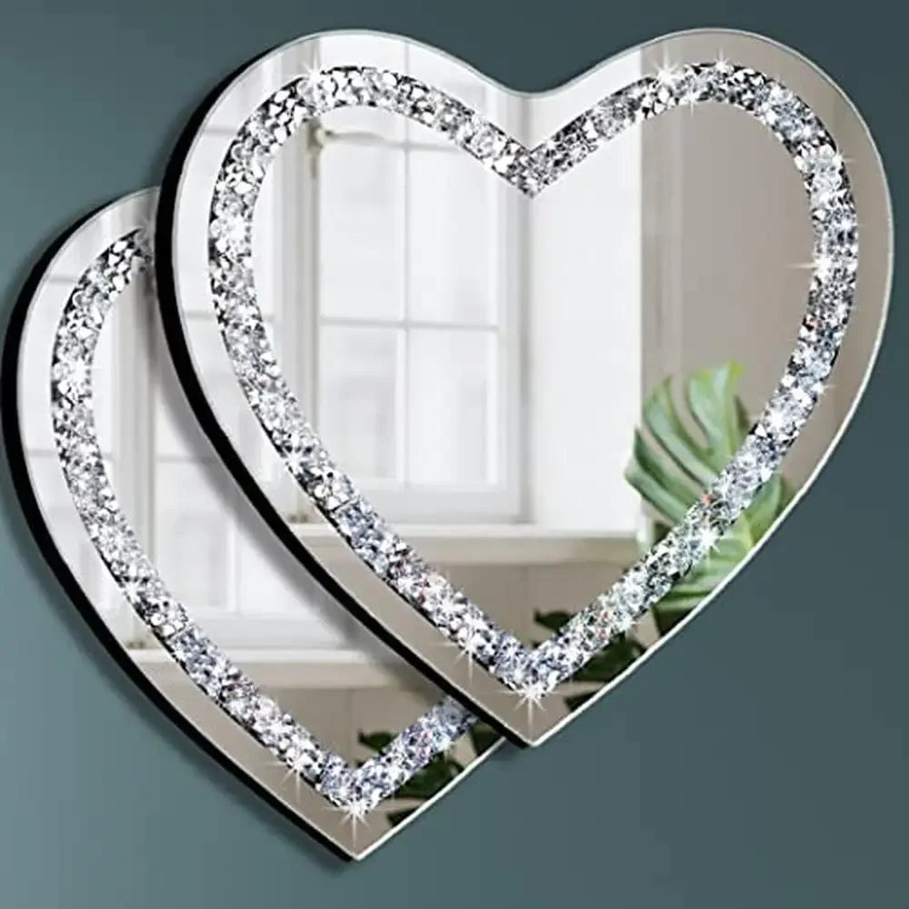 12X12 Inch Heart Shaped Crystal Crush Diamond Glass Mirror Set Pack of 2, with Stainless Steel Chain