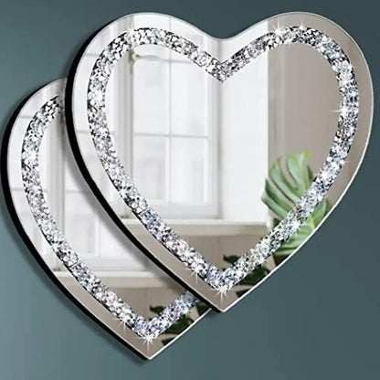 12X12 Inch Heart Shaped Crystal Crush Diamond Glass Mirror Set Pack of 2, with Stainless Steel Chain