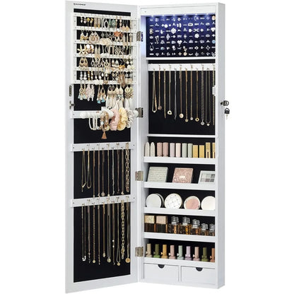47.2-Inch Tall LEDs Mirror Jewelry Cabinet organizer with Mirror, 2 Drawers, 3.9 x 14.6 x 47.2 Inches, White