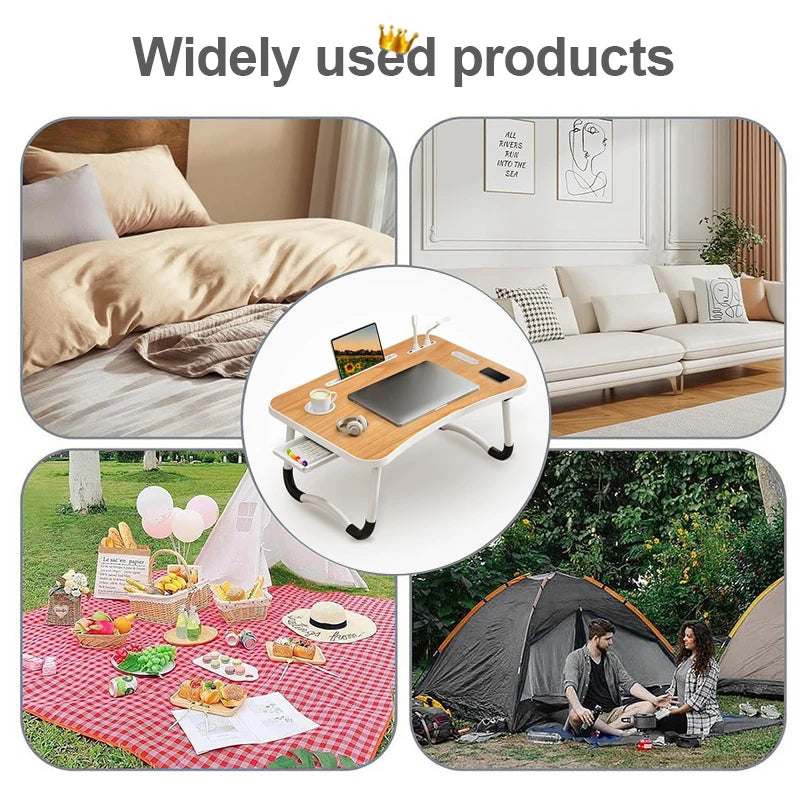 Portable Foldable laptop Desk for working with USB Light, Small Fan, Cup Holder, Tablet Slot, and Lifting Handle