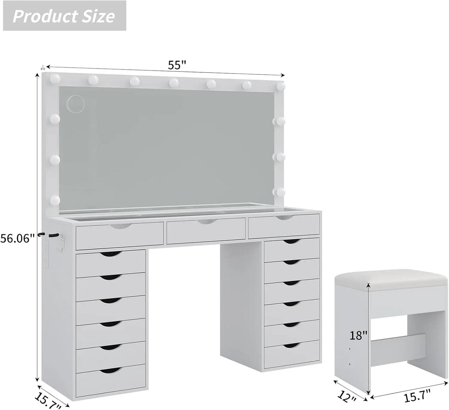 Vanity Desk with Mirror and 3 color Lighting Modes with Charging Station,15 Drawers Dressing Table