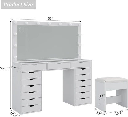 Vanity Desk with Mirror and 3 color Lighting Modes with Charging Station,15 Drawers Dressing Table