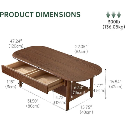 100% Solid Oak Wood 2-Tier Mid-Century Modern Coffee Table for Living Room with Open Shelf