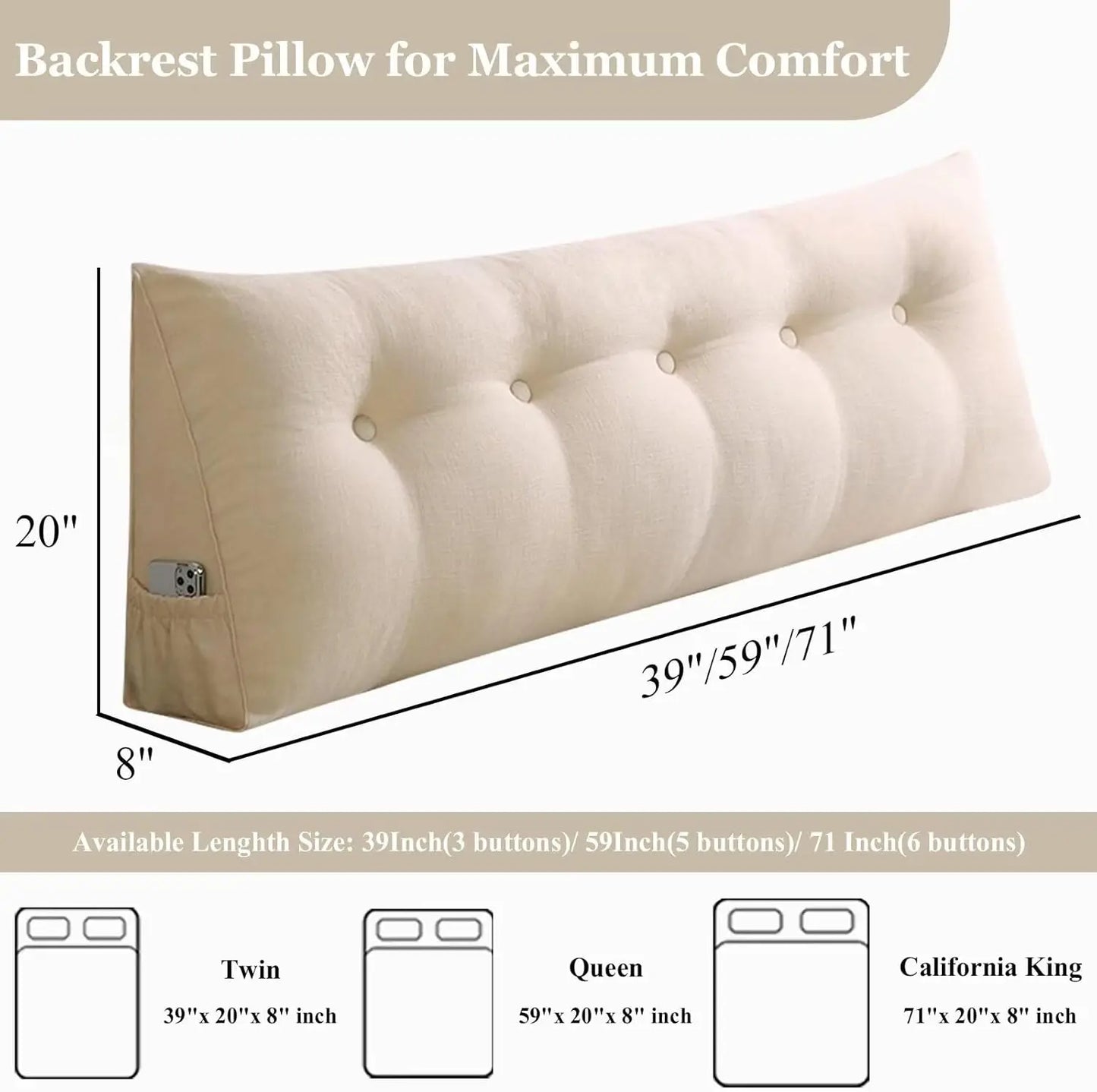 Ivory Headboard Reading Triangle Pillow For Sitting In Bed Versatile, Washable