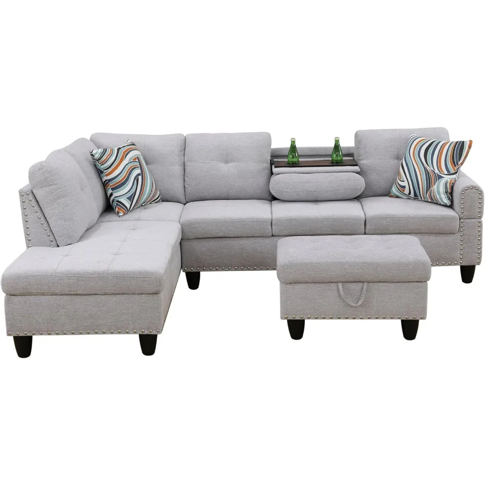 Linen 3-Piece Grey Sofa Living Room Sofa Set with Storage Ottoman, Reversible Coffee Table Cup-Holder,Grey