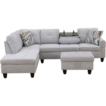 Linen 3-Piece Grey Sofa Living Room Sofa Set with Storage Ottoman, Reversible Coffee Table Cup-Holder,Grey