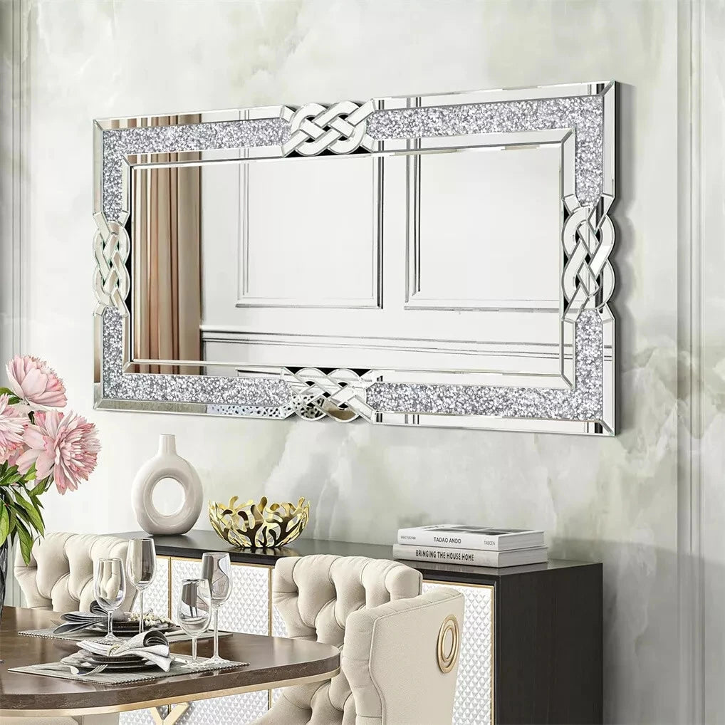 Wisfor Crushed Diamond Glass Silver Wall Mirror Rectangular  with Decorative Glam Bling Crystal Frame Edge