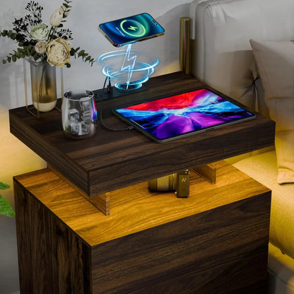 Set of 2 Walnut Tall High Gloss Nightstands ,with Wireless Charging Station with 3 Drawers