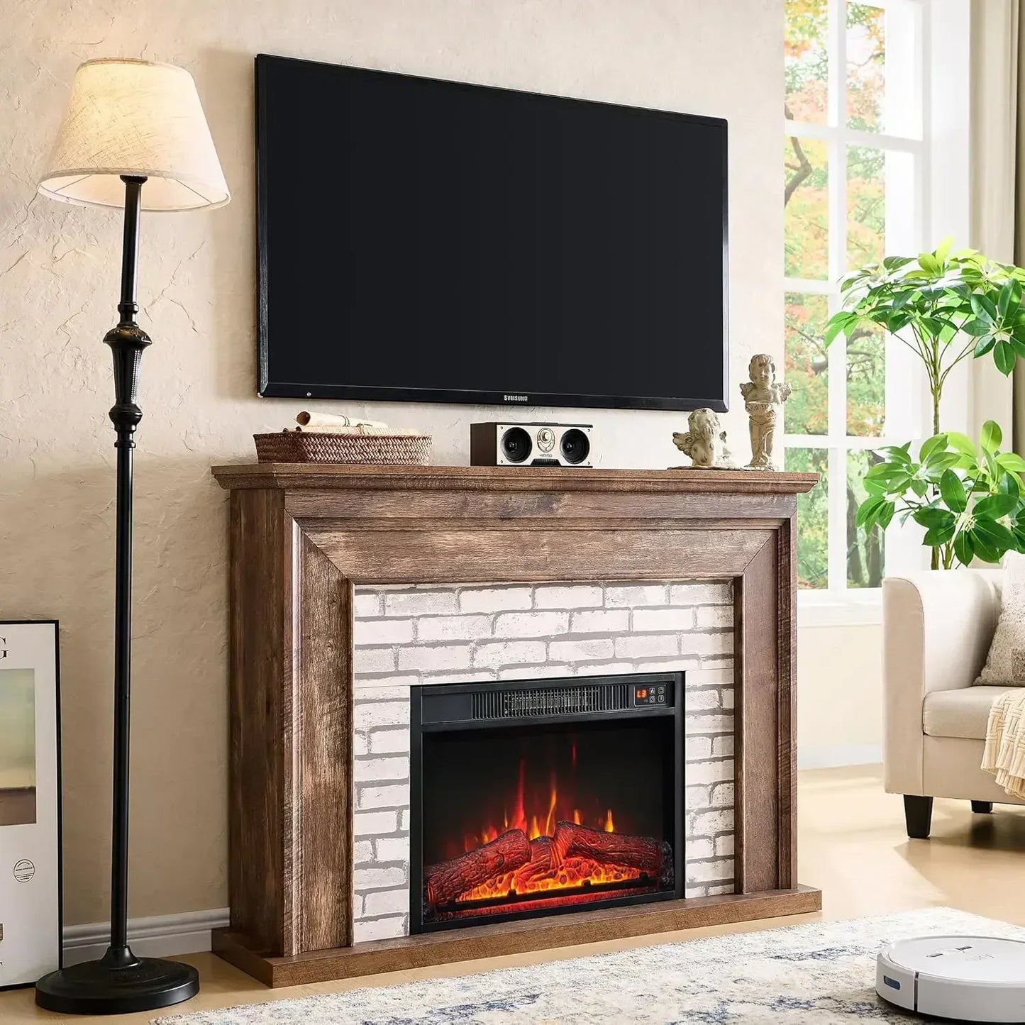 45" Flip Top Electric Fireplace adjustable flame level with Mantel, Heater, TV Stand, (Brown)