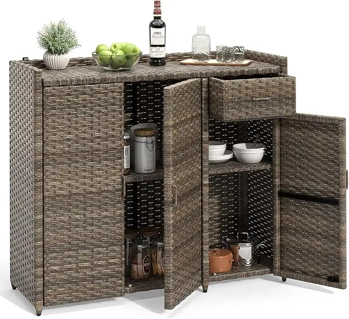 Patio Bar Table with Two Doors and Shelves, Waterproof Wicker Outdoor Storage Cabinet
