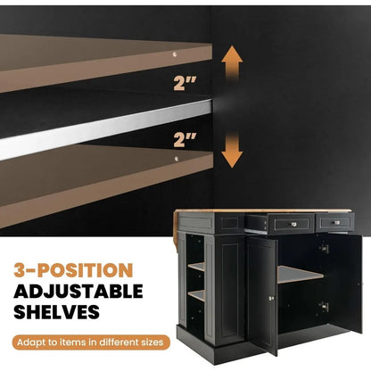 Kitchen island with rubber wood countertop, 2 drawers, 5 adjustable shelves and spice rack