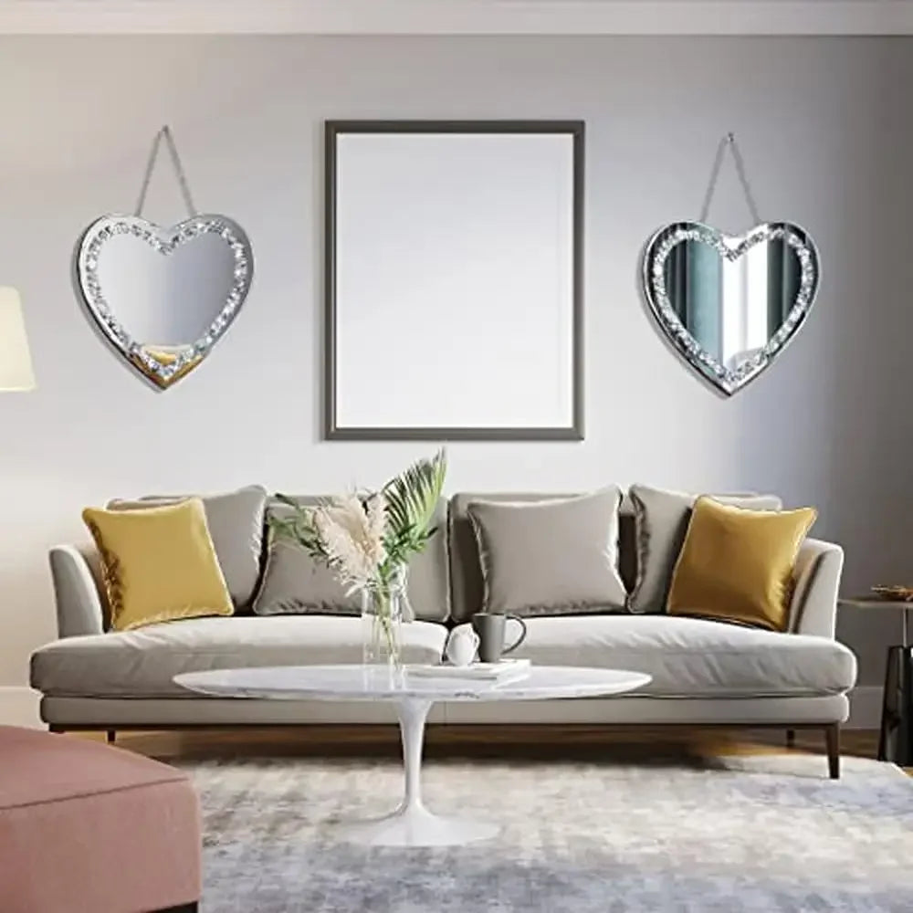12X12 Inch Heart Shaped Crystal Crush Diamond Glass Mirror Set Pack of 2, with Stainless Steel Chain