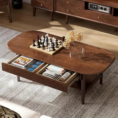 100% Solid Oak Wood 2-Tier Mid-Century Modern Coffee Table for Living Room with Open Shelf