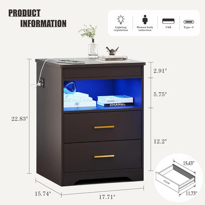 Modern Charging Table with USB & Type-C Port, LED Nightstand with Human Sensor Light