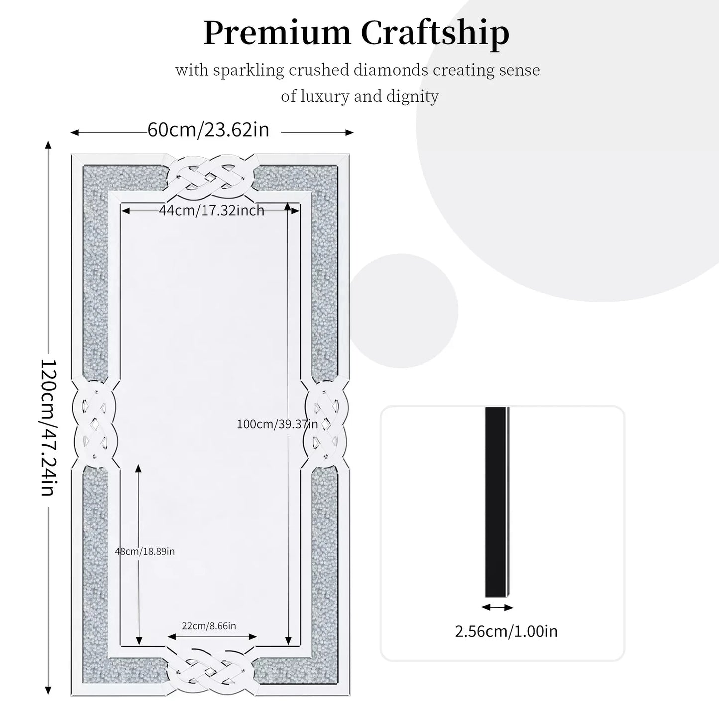 Wisfor Crushed Diamond Glass Silver Wall Mirror Rectangular  with Decorative Glam Bling Crystal Frame Edge