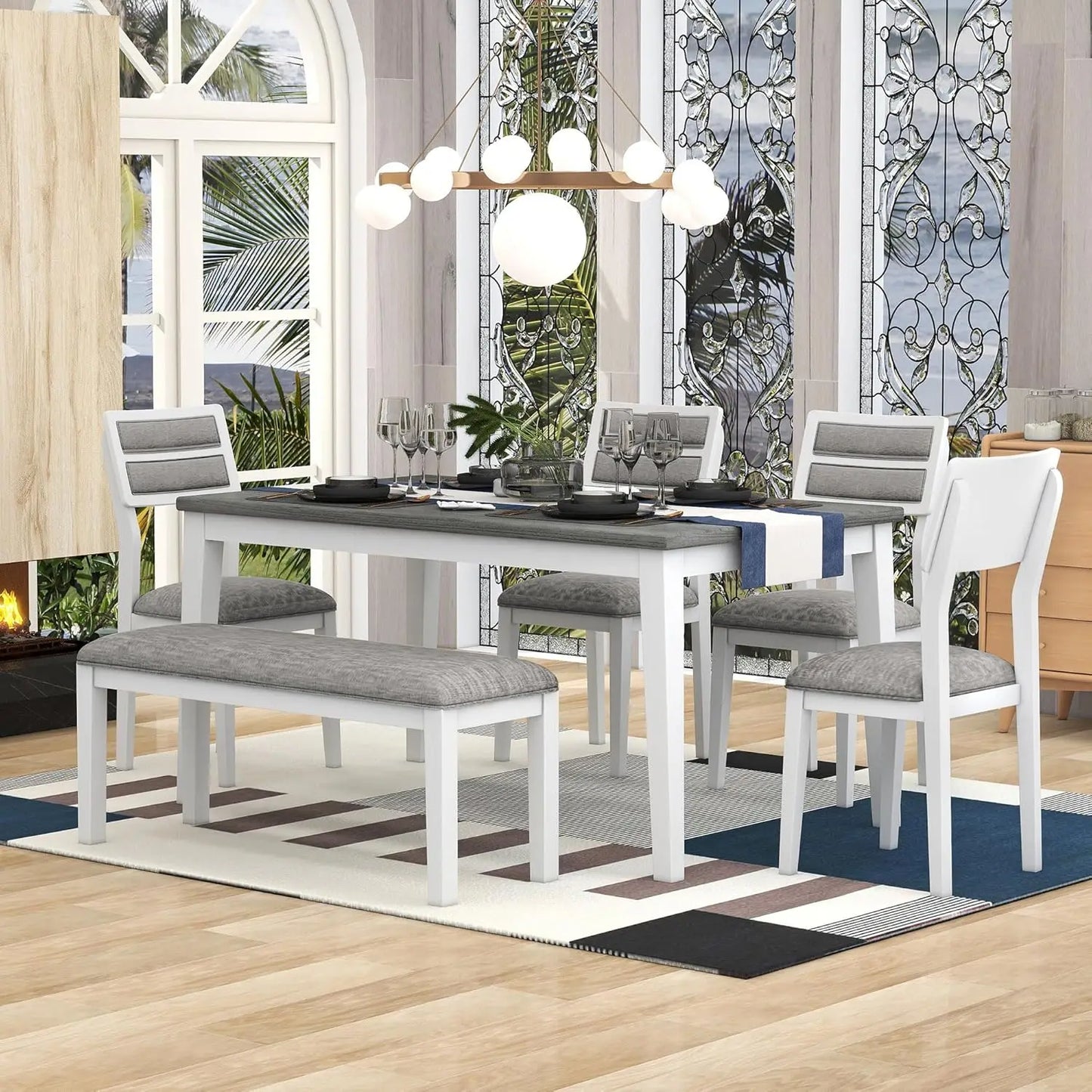 6 Pieces Rectangular Wood Dining Table Set with Bench and Unique Legs with 4 Upholstered Chairs
