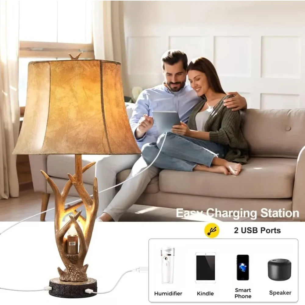 Dungoo Rustic Western Deer 26" Table Lamps with Nightlight Set of 2, with 2 USB Ports
