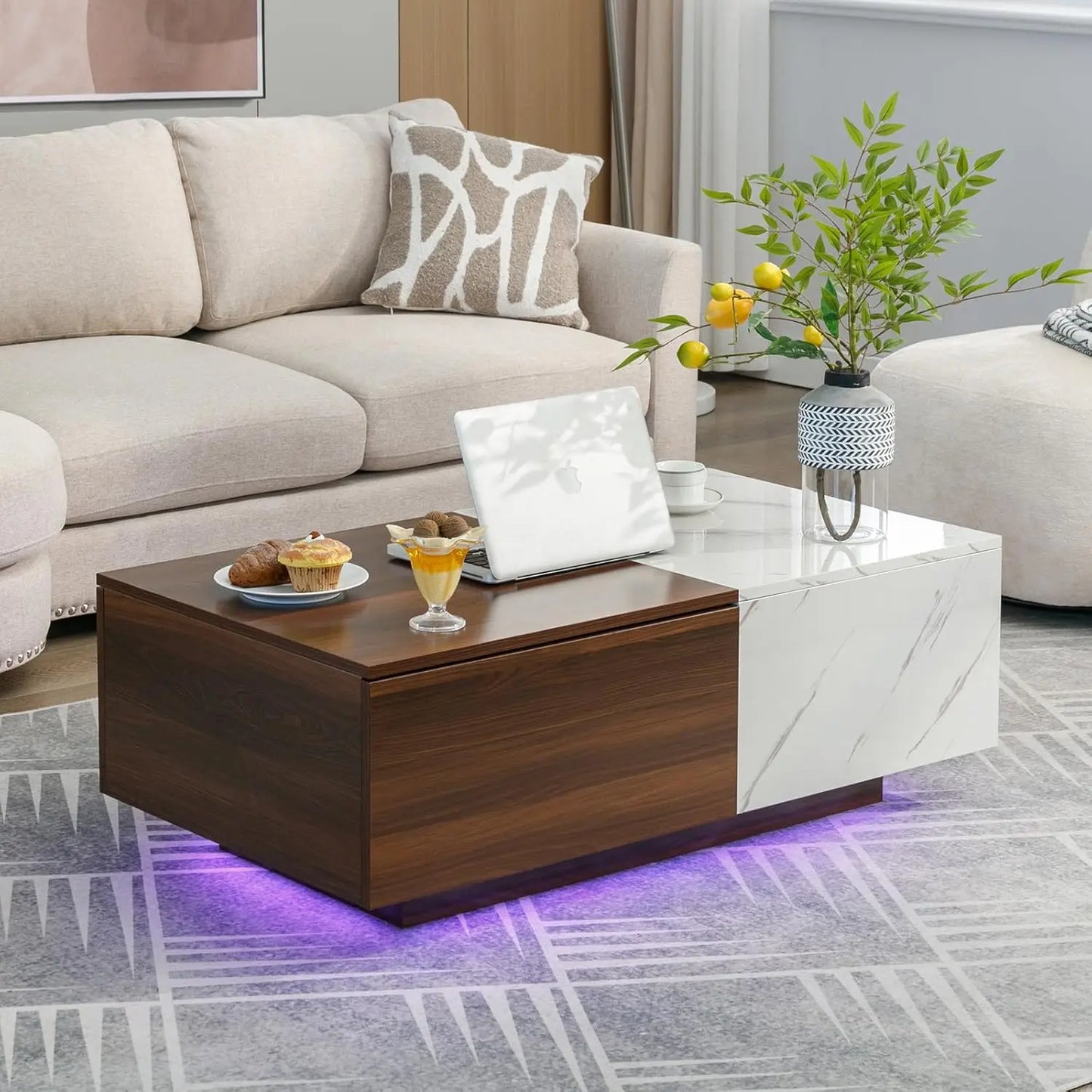 Modern Rectangle White LED Coffee Tables with Drawer & 16-Color LED Lights