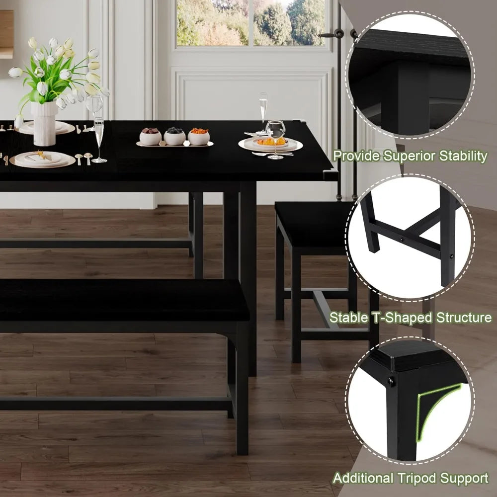 63" Large 5-piece Extendable Kitchen Table Set-with 2 Benches and 2 Square Stools