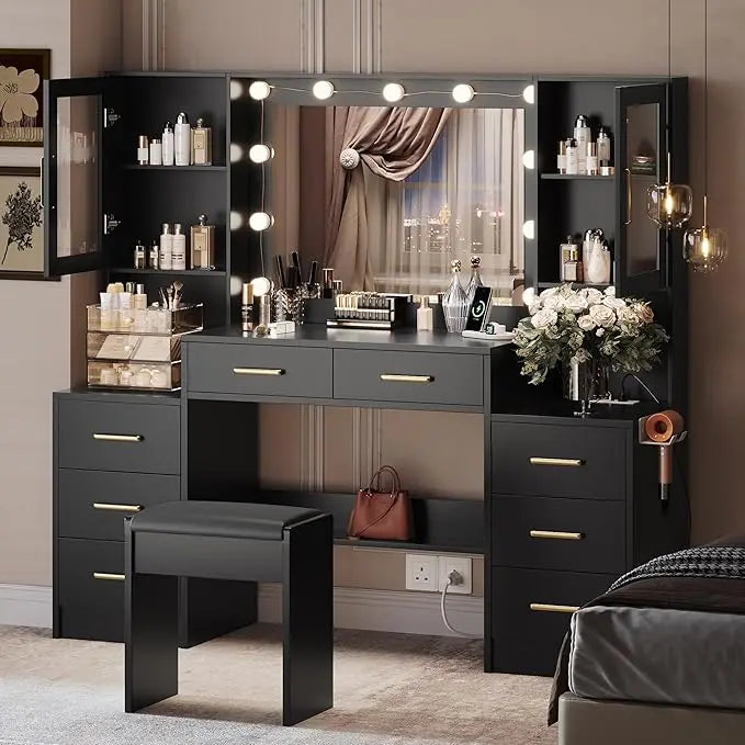 58.3" Makeup Vanity Desk with Mirror and Lights, Charging Station Table,  White