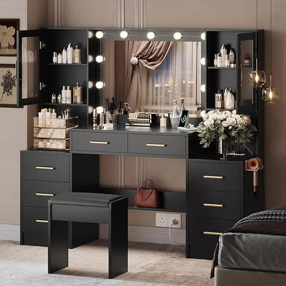 58.3" Makeup Vanity Desk with Mirror and Lights, Charging Station Table,  White