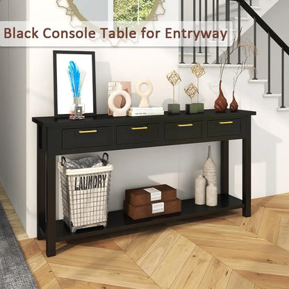 60 Inch Sofa Table w/4 Drawers and Bottom Shelf Narrow Long Hallway Table