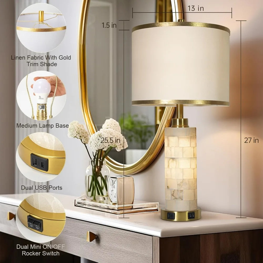 Natural Alabaster Nightstand Lamp with Linen Shade, Set of 2 with Night Light and USB Ports